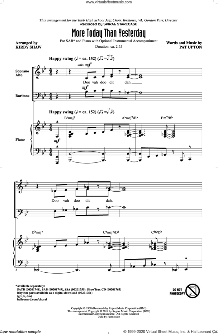 More Today Than Yesterday sheet music for choir (SAB: soprano, alto, bass) by Kirby Shaw, Spiral Starecase and Pat Upton, intermediate skill level