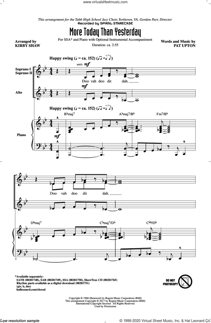 More Today Than Yesterday sheet music for choir (SSA: soprano, alto) by Kirby Shaw, Spiral Starecase and Pat Upton, intermediate skill level