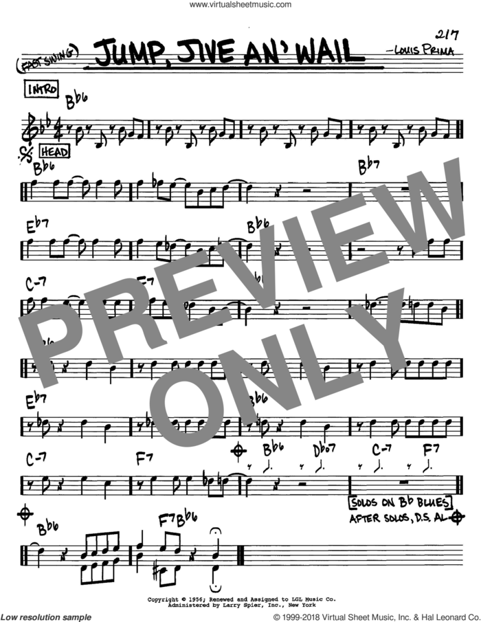 Jump, Jive An' Wail sheet music for voice and other instruments (in C) by Louis Prima, intermediate skill level