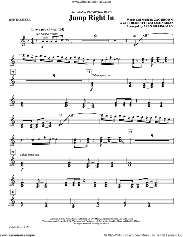 Jump Right In (complete set of parts) sheet music for orchestra/band by Alan Billingsley, Jason Mraz, Wyatt Durrett and Zac Brown Band, intermediate skill level