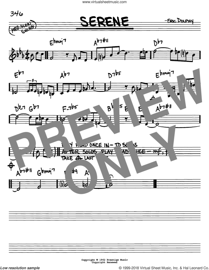 Serene sheet music for voice and other instruments (in C) by Eric Dolphy, intermediate skill level