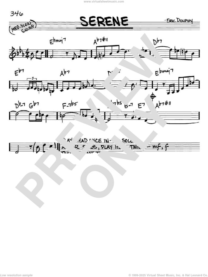 Serene sheet music for voice and other instruments (in C) by Eric Dolphy, intermediate skill level