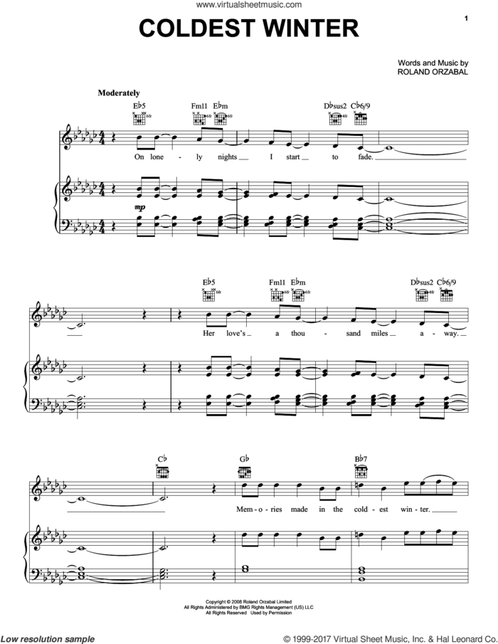 Coldest Winter sheet music for voice, piano or guitar by Pentatonix and Roland Orzabal, intermediate skill level