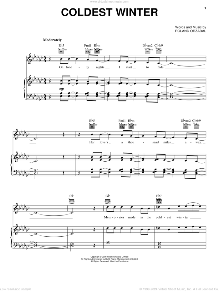 Coldest Winter sheet music for voice, piano or guitar by Pentatonix and Roland Orzabal, intermediate skill level