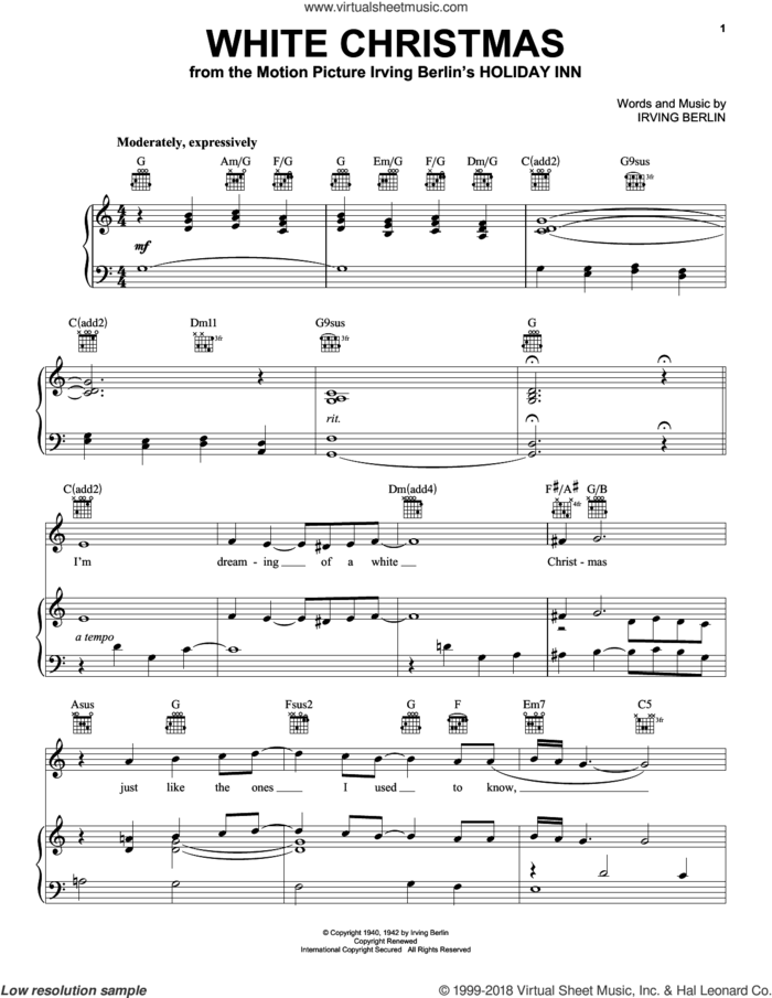 White Christmas sheet music for voice, piano or guitar by Pentatonix and Irving Berlin, intermediate skill level