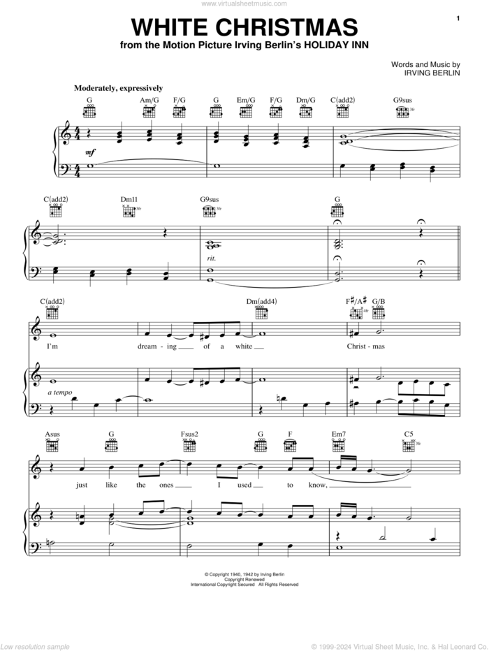 White Christmas sheet music for voice, piano or guitar by Pentatonix and Irving Berlin, intermediate skill level