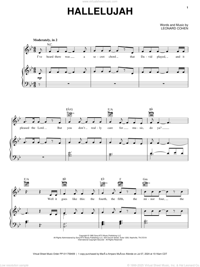 Hallelujah sheet music for voice, piano or guitar by Pentatonix, Justin Timberlake & Matt Morris featuring Charlie Sexton, Lee DeWyze and Leonard Cohen, intermediate skill level