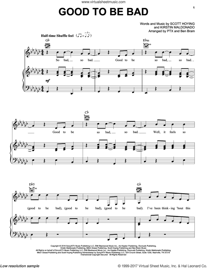 Good To Be Bad sheet music for voice, piano or guitar by Pentatonix, Kirstin Maldonado and Scott Hoying, intermediate skill level