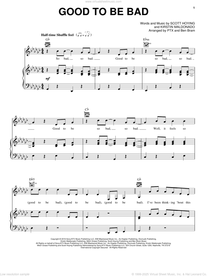 Good To Be Bad sheet music for voice, piano or guitar by Pentatonix, Kirstin Maldonado and Scott Hoying, intermediate skill level