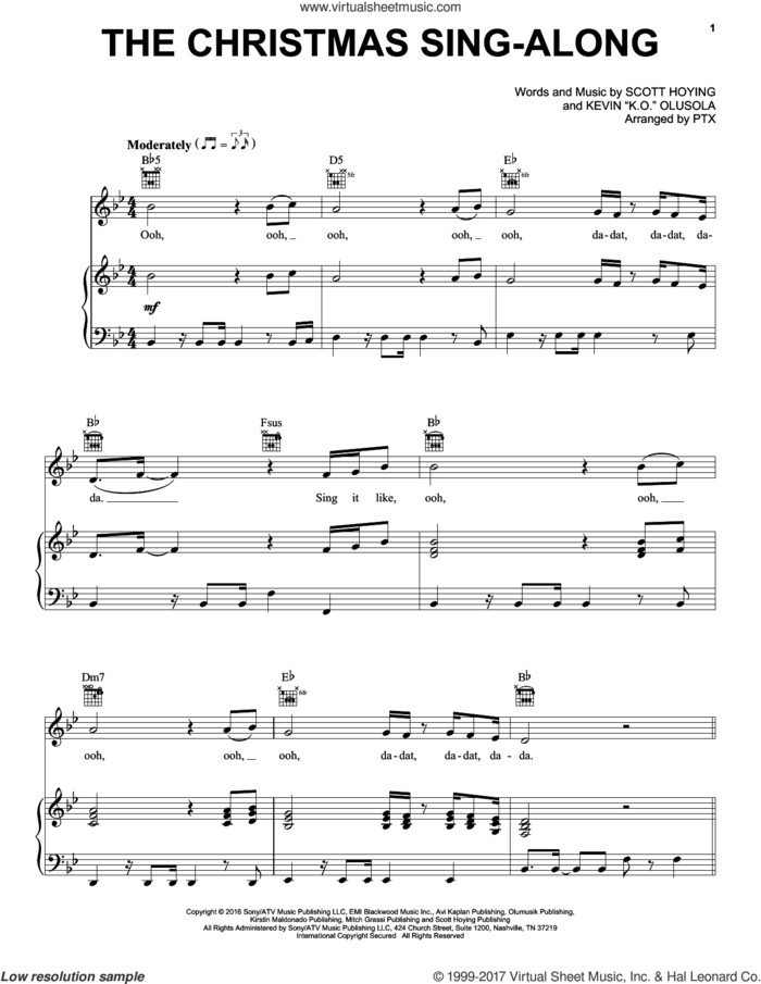 The Christmas Sing-Along sheet music for voice, piano or guitar by Pentatonix, Kevin 'K.O.' Olusola and Scott Hoying, intermediate skill level