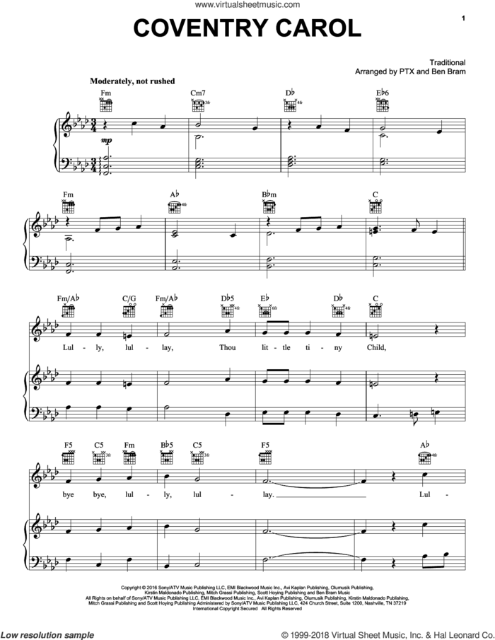 Coventry Carol sheet music for voice, piano or guitar by Pentatonix and Miscellaneous, intermediate skill level