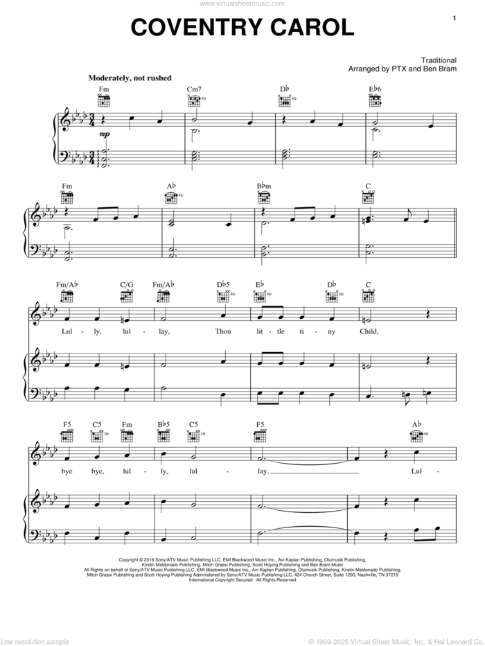 Coventry Carol sheet music for voice, piano or guitar by Pentatonix and Miscellaneous, intermediate skill level