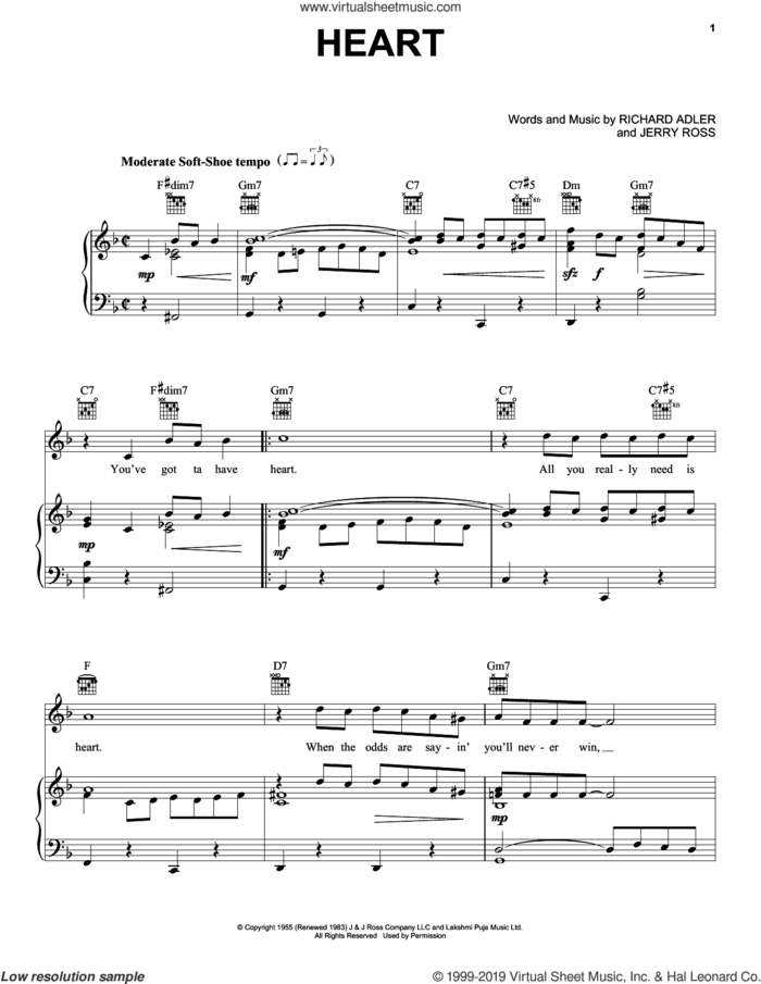 Heart sheet music for voice, piano or guitar by Adler & Ross, Jerry Ross and Richard Adler, intermediate skill level