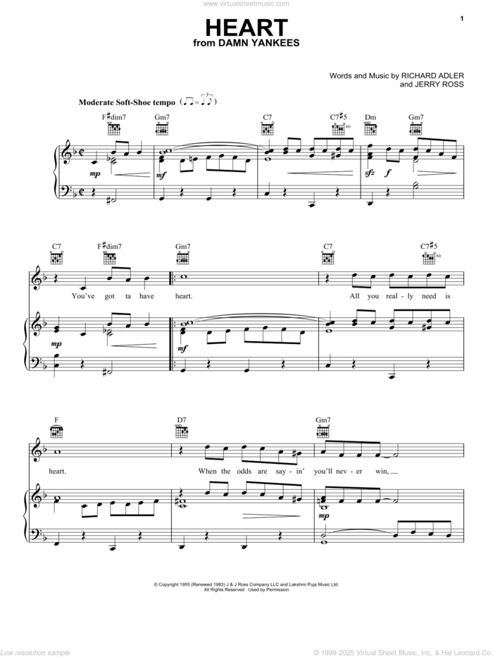 Heart sheet music for voice, piano or guitar by Adler & Ross, Jerry Ross and Richard Adler, intermediate skill level