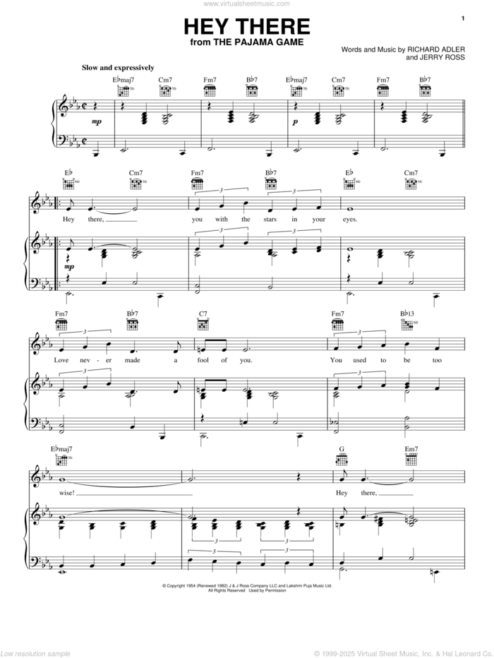 Hey There sheet music for voice, piano or guitar by Adler & Ross, Jerry Ross and Richard Adler, intermediate skill level