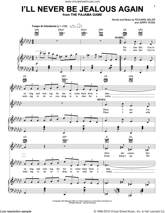 I'll Never Be Jealous Again sheet music for voice, piano or guitar by Adler & Ross, Jerry Ross and Richard Adler, intermediate skill level