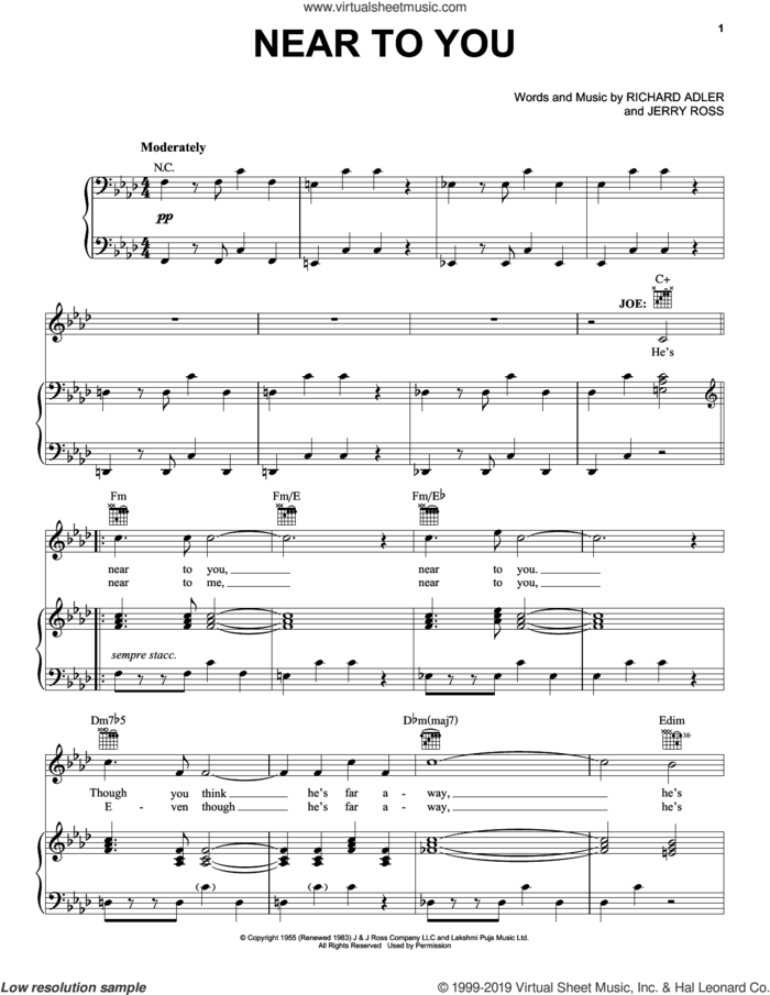 Near To You sheet music for voice, piano or guitar by Adler & Ross, Jerry Ross and Richard Adler, intermediate skill level