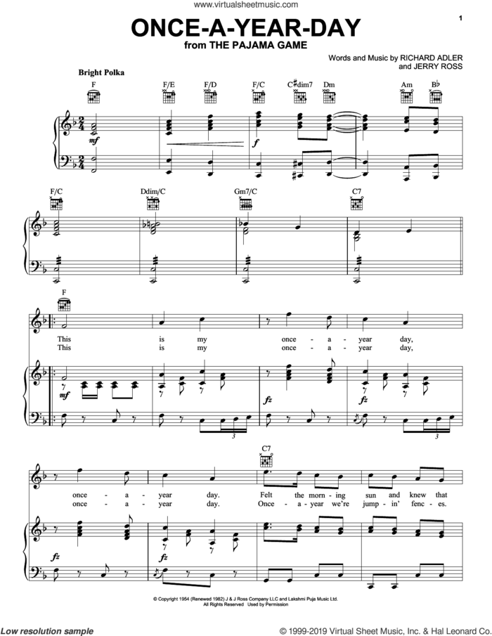 Once-A-Year-Day sheet music for voice, piano or guitar by Adler & Ross, Jerry Ross and Richard Adler, intermediate skill level