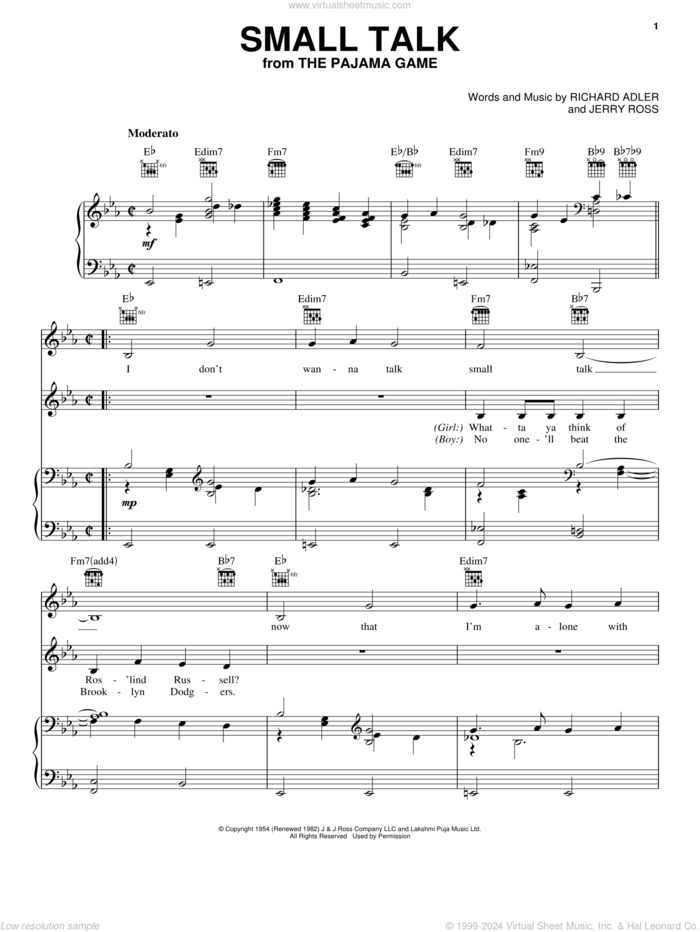 Small Talk sheet music for voice, piano or guitar by Adler & Ross, Jerry Ross and Richard Adler, intermediate skill level