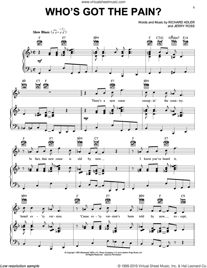 Who's Got The Pain? sheet music for voice, piano or guitar by Adler & Ross, Jerry Ross and Richard Adler, intermediate skill level