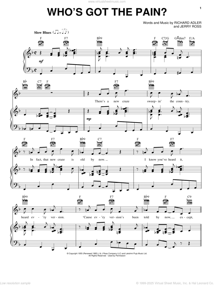 Who's Got The Pain? sheet music for voice, piano or guitar by Adler & Ross, Jerry Ross and Richard Adler, intermediate skill level