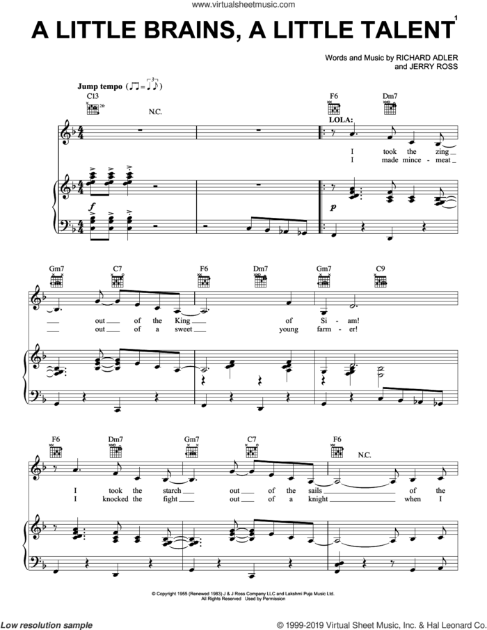 A Little Brains, A Little Talent (from Damn Yankees) sheet music for voice, piano or guitar by Adler & Ross, Jerry Ross and Richard Adler, intermediate skill level