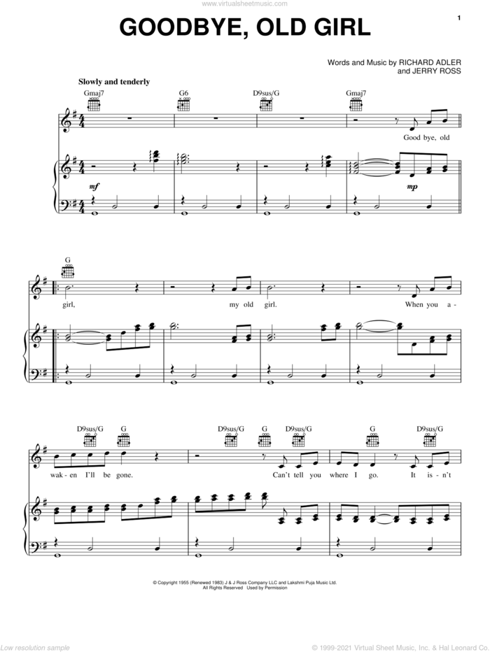 Goodbye, Old Girl sheet music for voice, piano or guitar by Adler & Ross, Jerry Ross and Richard Adler, intermediate skill level