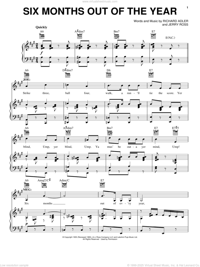 Six Months Out Of The Year sheet music for voice, piano or guitar by Adler & Ross, Jerry Ross and Richard Adler, intermediate skill level