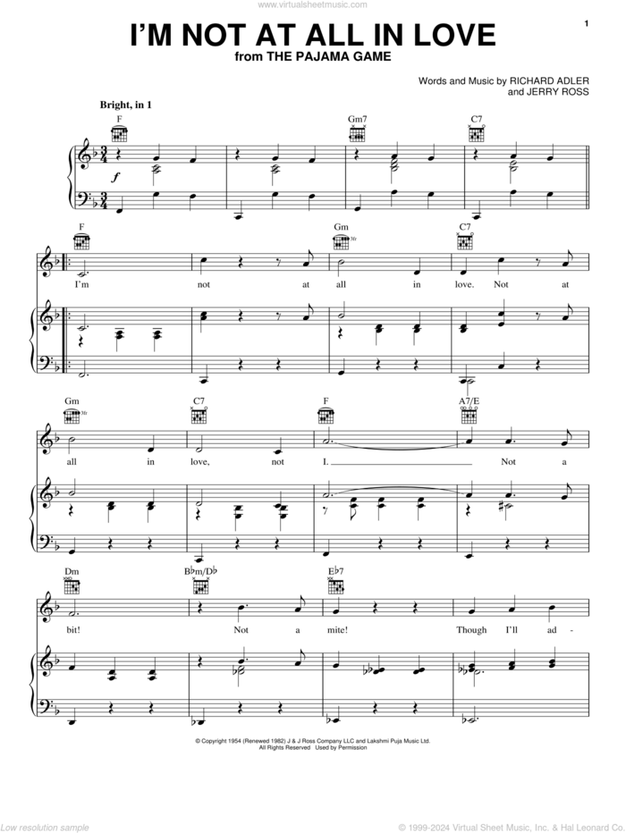 I'm Not At All In Love sheet music for voice, piano or guitar by Adler & Ross, Jerry Ross and Richard Adler, intermediate skill level