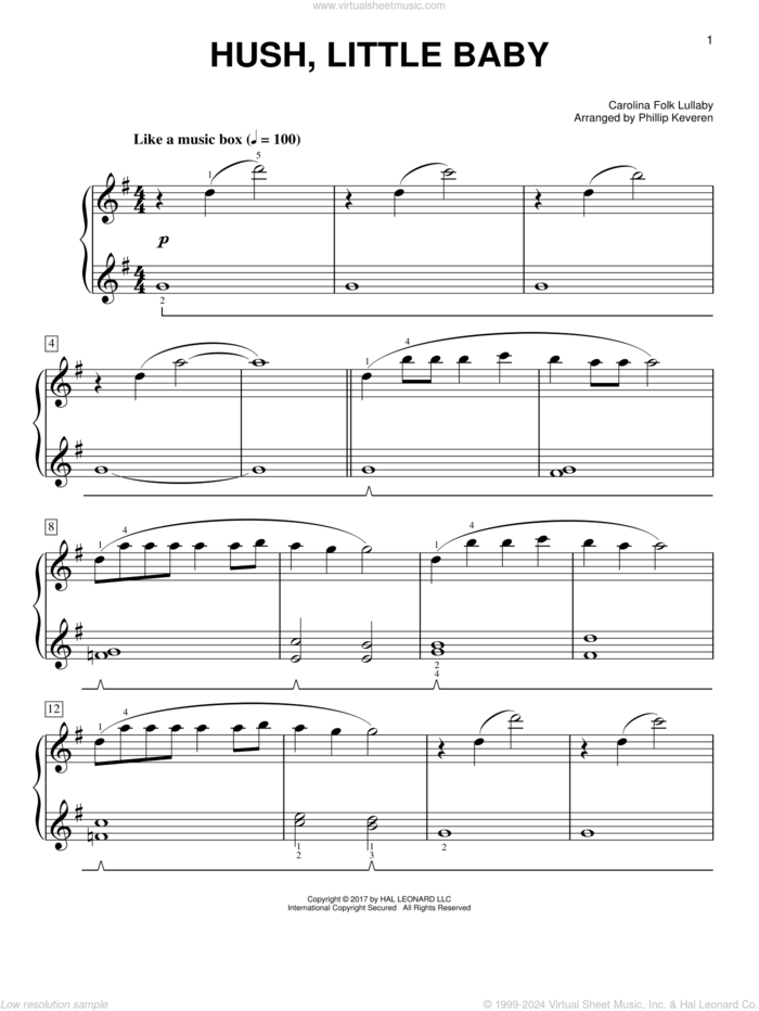 Hush, Little Baby [Classical version] (arr. Phillip Keveren) sheet music for piano solo by Carolina Folk Lullaby and Phillip Keveren, easy skill level