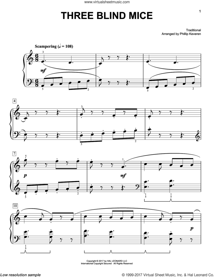 Three Blind Mice [Classical version] (arr. Phillip Keveren) sheet music for piano solo by Phillip Keveren and Miscellaneous, easy skill level