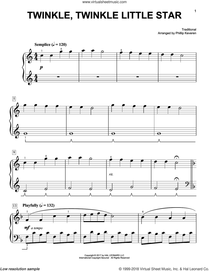 Twinkle, Twinkle Little Star [Classical version] (arr. Phillip Keveren) sheet music for piano solo by Phillip Keveren and Miscellaneous, easy skill level