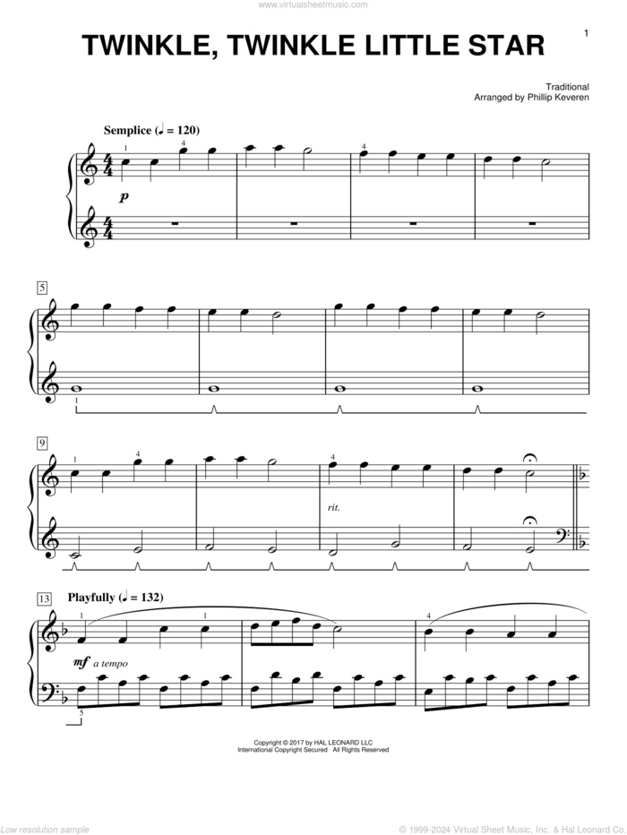 Twinkle, Twinkle Little Star [Classical version] (arr. Phillip Keveren) sheet music for piano solo by Phillip Keveren and Miscellaneous, easy skill level