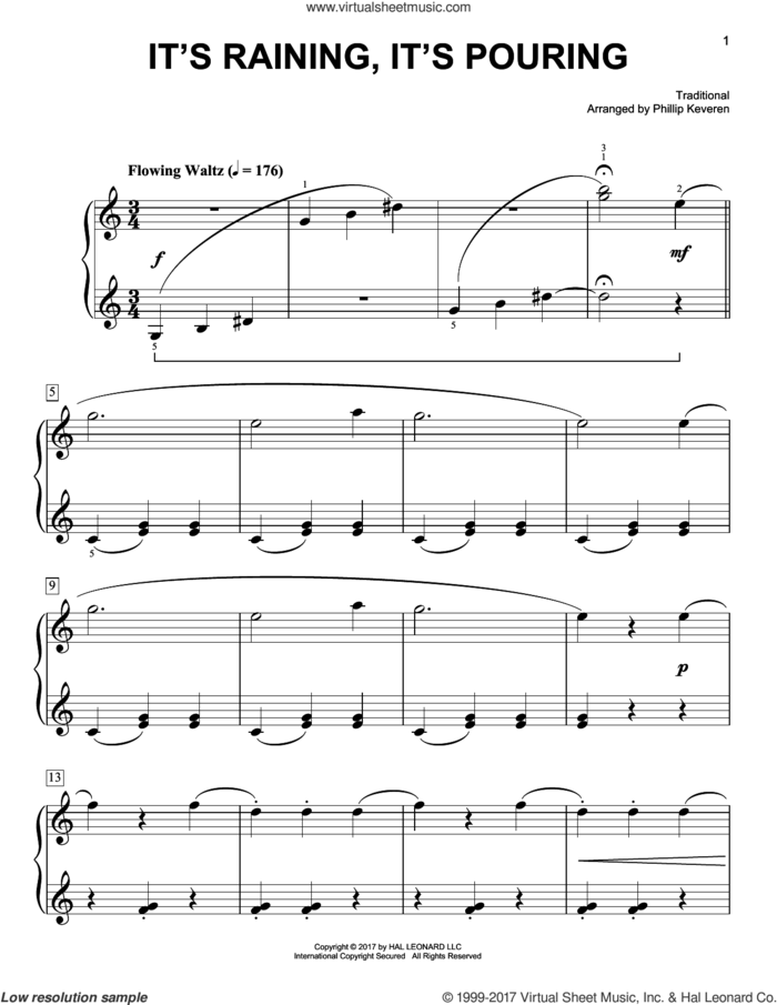 It's Raining, It's Pouring [Classical version] (arr. Phillip Keveren) sheet music for piano solo by Phillip Keveren and Miscellaneous, easy skill level