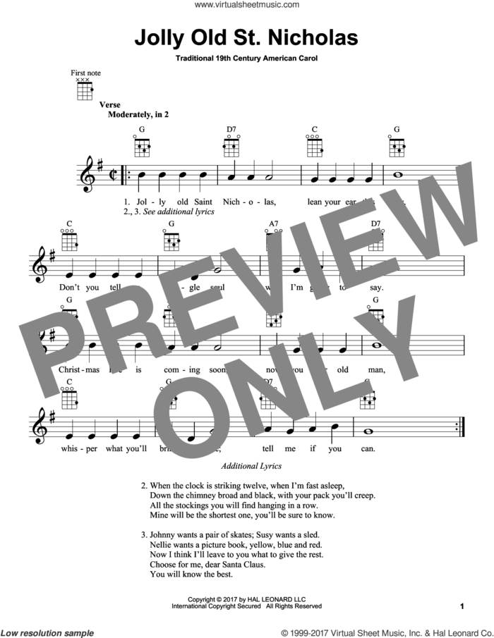 Jolly Old St. Nicholas sheet music for ukulele by Anonymous and Miscellaneous, intermediate skill level