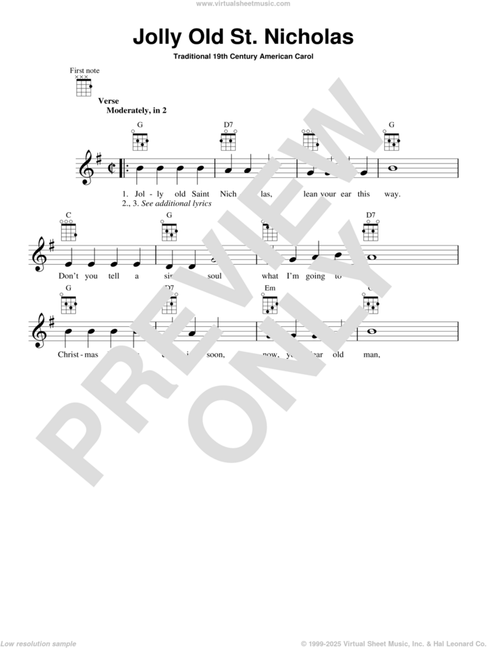 Jolly Old St. Nicholas sheet music for ukulele by Anonymous and Miscellaneous, intermediate skill level