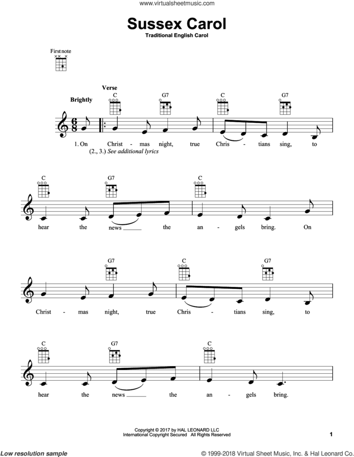 Sussex Carol sheet music for ukulele, intermediate skill level
