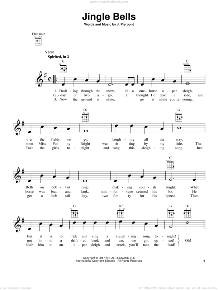 Jingle Bells sheet music for ukulele by James Pierpont, intermediate skill level
