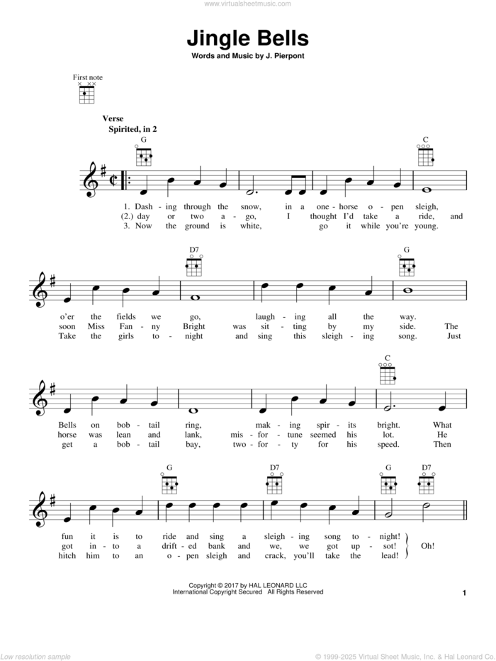 Jingle Bells sheet music for ukulele by James Pierpont, intermediate skill level