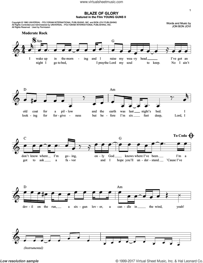 Blaze Of Glory sheet music for voice and other instruments (fake book) by Bon Jovi, easy skill level