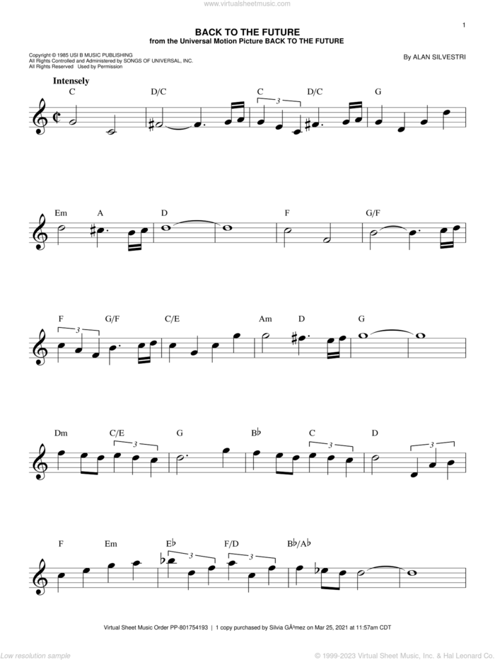 Back To The Future (Theme) sheet music for voice and other instruments (fake book) by Alan Silvestri, easy skill level