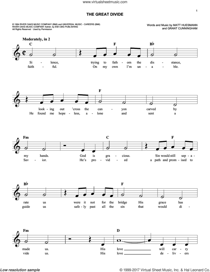 The Great Divide sheet music for voice and other instruments (fake book) by Point Of Grace, Grant Cunningham and Matt Huesmann, easy skill level