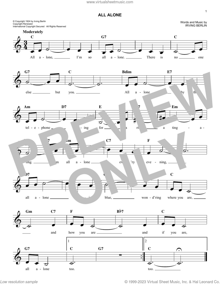 All Alone sheet music for voice and other instruments (fake book) by Irving Berlin, Al Jolson, Alice Faye and Grace Moore and Oscar Shaw, easy skill level