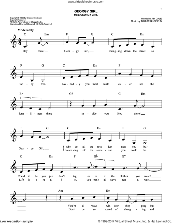 Georgy Girl sheet music for voice and other instruments (fake book) by The Seekers, Jim Dale and Tom Springfield, easy skill level