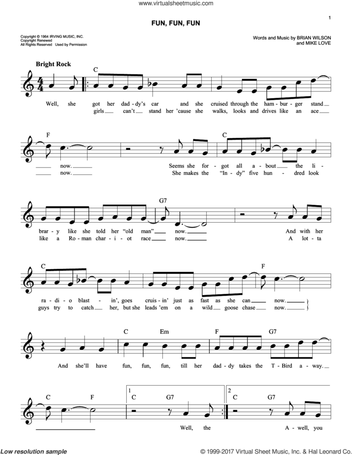 Fun, Fun, Fun sheet music for voice and other instruments (fake book) by The Beach Boys, Brian Wilson and Mike Love, easy skill level