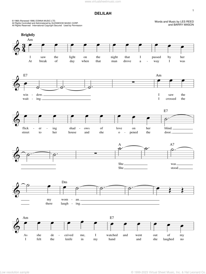 Delilah sheet music for voice and other instruments (fake book) by Tom Jones, Barry Mason and Les Reed, easy skill level