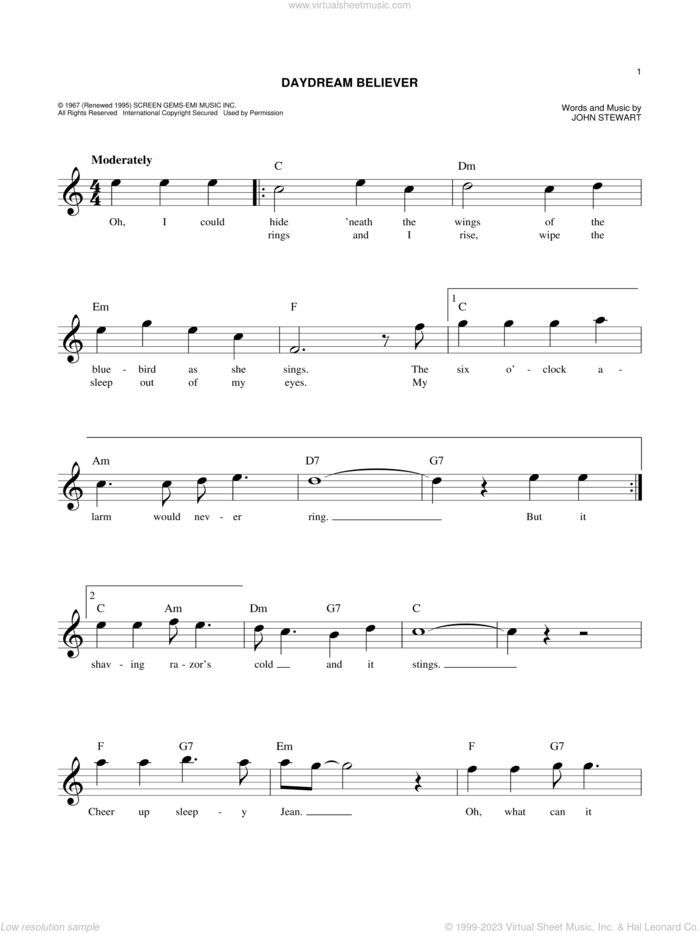 Daydream Believer sheet music for voice and other instruments (fake book) by The Monkees and John Stewart, intermediate skill level
