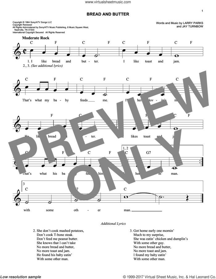 Bread And Butter sheet music for voice and other instruments (fake book) by Newbeats, Jay Turnbow and Larry Parks, easy skill level