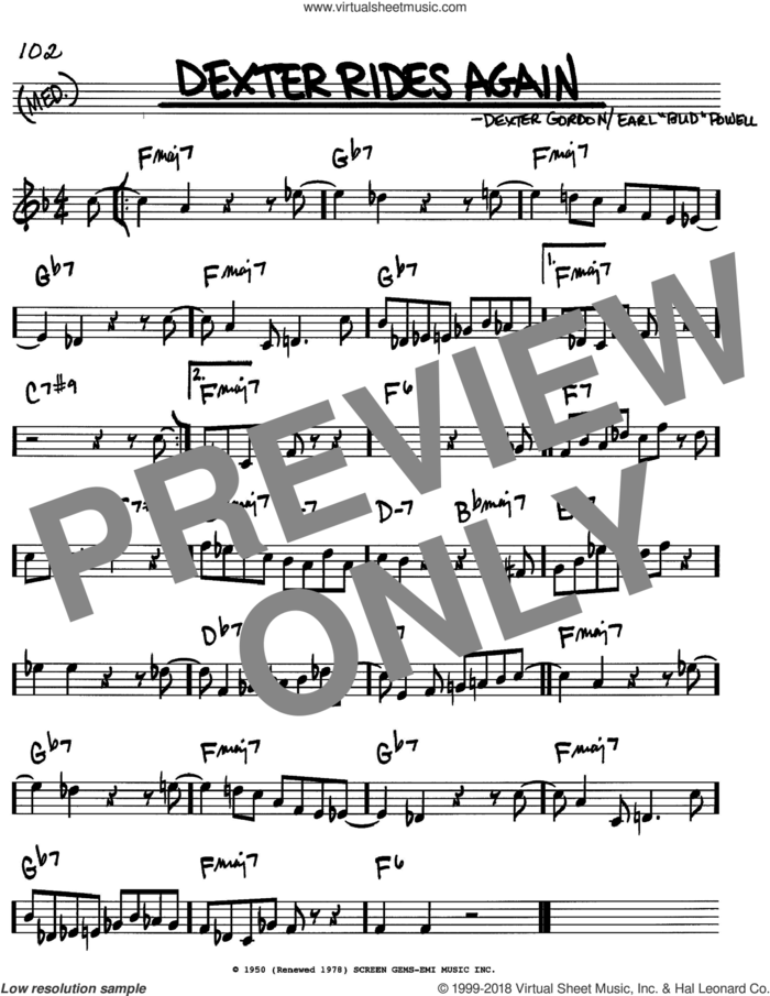 Dexter Rides Again sheet music for voice and other instruments (in C) by Dexter Gordon and Bud Powell, intermediate skill level