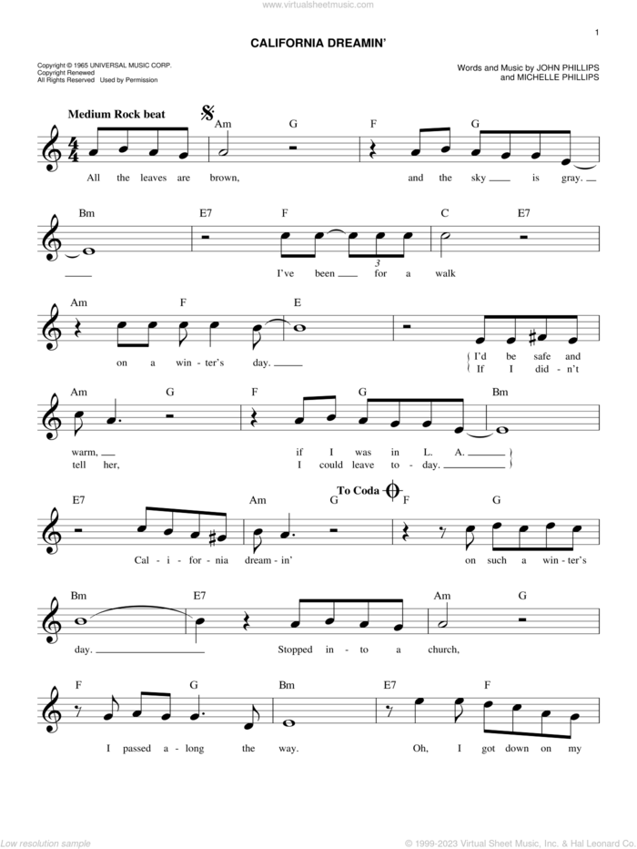 California Dreamin' sheet music for voice and other instruments (fake book) by The Mamas & The Papas, John Phillips and Michelle Phillips, easy skill level
